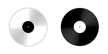 Beyaz ve siyah plak simgeleri. LP ya da uzun müzik diskleri beyaz arkaplanda izole edildi. Tekno kulüp partisi için DJ ekipmanı ya da 70 'lerin diskotek nostalji konsepti. Vektör grafik illüstrasyonu.