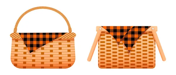 stock vector Empty wicker picnic baskets with cotton or linen napkins with checkered orange and black print. Handmade woven willow hampers for fall time isolated on white background. Vector cartoon illustration.