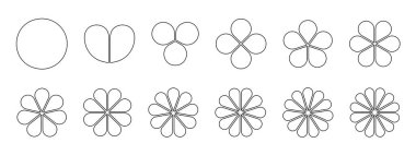 Yapraklı çiçek diyagramları. Çiçekli pasta grafiği 1 'den 12' ye kadar eşit sektörlere bölünmüştür. Beyaz arka planda izole edilmiş yaprak şekilleri vardır. İş veri sunum şablonları. Vektör özet çizimi.