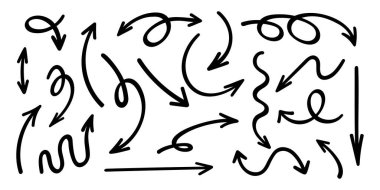 Kara el çizilmiş ok simgeleri. Eğri karalama tarzı işaretler. Beyaz arkaplana izole edilmiş kalem, fırça ya da kalem ile boyanmış kaydırma, aşağı ve döngü yön işaretleri. Vektör grafik illüstrasyonu.