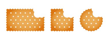 Isırılmış krakerler. Yuvarlak, kare ve dikdörtgen şekilli tatlı ya da tuzlu bisküviler. Popüler çocuk atıştırmalıkları beyaz arka planda izole edilmiş. Vektör çizgi film illüstrasyonu.