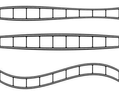 Boş kıvrımlı ve dalgalı film şeritleri. Beyaz arka planda izole edilmiş film ya da fotoğraf kamerası kasetleri. Storyboard planları. Fotoğraf kolajı için klasik çerçeveler. Vektör grafik illüstrasyonu.