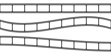 Düz ve kıvrımlı film şeritleri. Beyaz arka planda izole edilmiş yatay video ya da fotoğraf makinesi kasetleri. Storyboard planları. Fotoğraf kolajı için klasik çerçeveler. Vektör illüstrasyonu.