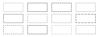 Kesik çizgileri olan dikdörtgen şekiller. Beyaz arka planda izole edilmiş noktalı geometrik şekiller. Kağıt kuponlar ya da satış etiketleri için resimtogramları buradan kes. Vektör özet çizimi.