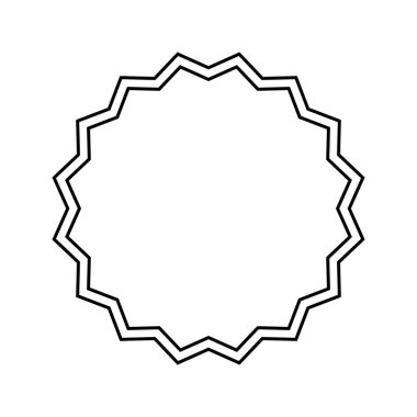 Zigzag kenarlı yuvarlak çerçeve. Sivri kenarları olan daire şeklinde. Vignette ya da ayna, boş metin kutusu, beyaz arkaplanda izole edilmiş etiket ya da etiket. Vektör grafik illüstrasyonu.