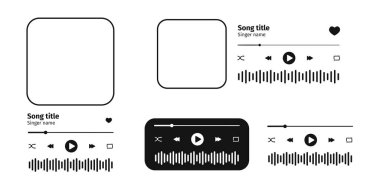 MP3 çalar arayüz şablonları albüm kapağı çerçevesi, düğmeler, süreç yükleme çubuğu ve ses dalgası. Audiobook, Podcast veya online radyo çalma gereçleri. Vektör grafik illüstrasyonu.