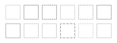 Kesik çizgileri olan geometrik kare şekiller. Beyaz arka planda izole edilmiş noktalı figürler. Piktogramlar burada basit bir kesik. Vektör özet çizimi.