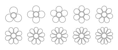 Çekirdekleri ve yaprakları olan çiçek diyagramları. Turta grafikleri, beyaz arka planda izole edilmiş yaprak şekillerinde eşit bölümlere bölünmüştür. Veri sunumu için çiçek şablonları. Vektör özet çizimi.