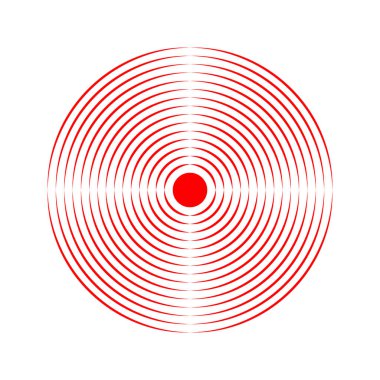 Kırmızı eşmerkezli daireler. Ağrı yerelleştirme simgesi. Yara ya da iltihap sembolü. Titreşim, radyasyon ya da şok dalgası işareti. Radar ya da ses sinyali piktogramı beyaz arkaplanda izole edildi. Vektör illüstrasyonu.