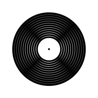 Siyah plak plak ikonu. Beyaz arka planda izole edilmiş gramofon için uzun bir müzik plakası. DJ tekno parti ekipmanları. 70 'lerin 90' larının diskotek nostaljisi. Vektör grafik illüstrasyonu.