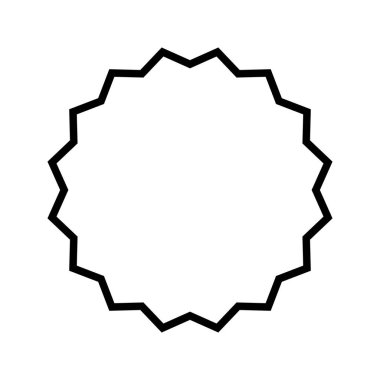 Zigzag kenarlı yuvarlak çerçeve. Sivri kenarları olan daire şeklinde. Güneş veya yıldız ikonu. Beyaz arkaplanda boş kutu, etiket veya etiket izole edilmiş. Vektör grafik illüstrasyonu.
