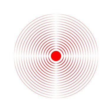 Ağrı yerelleştirme simgesi. Kırmızı eşmerkezli daireler. Ache, yara ya da iltihap sembolü. Nabız ya da baş ağrısı. Şok dalgası, radar, sonar dalgası ya da ses sinyali piktogramı. Vektör düz resimleme.