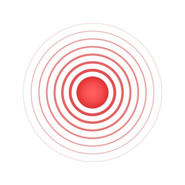 Ortasında nokta olan kırmızı eşmerkezli daireler. Hedef ya da hedef al, ağrı yerelleştirme simgesi. Ağrı, ağrı ya da iltihap sembolü. Nabız, titreşim veya radyasyon işareti. Ses sinyali piktogramı. Vektör illüstrasyonu.