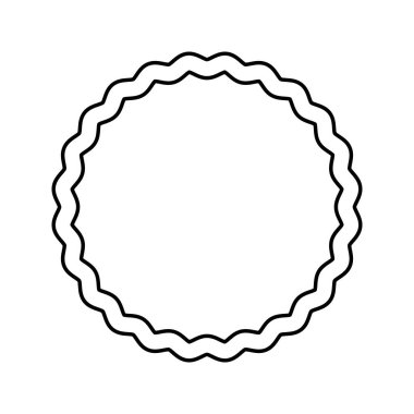 Dalgalanmamış daire çerçevesi. Fırfırlı kenarları olan yuvarlak bir şekil. Dalgalı fotoğraf vignette, ayna çerçevesi, boş kutu, albüm koleksiyonu için tasarım öğesi. Vektör grafik illüstrasyonu.