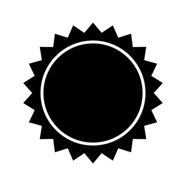 Güneş ikonu. Güneş ışığı, güneş ışığı, gün ışığı silueti. Dairesel rozet, pul, etiket ya da zikzak kenarlı fiyat etiketi. Boş indirim, satış, beyaz arka planda izole edilmiş promosyon etiketi. Vektör illüstrasyonu.