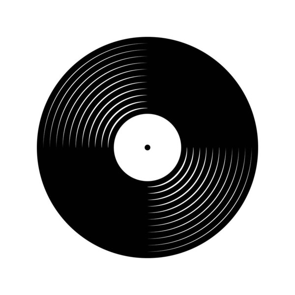 Black vinyl record icon. Long play music plate for gramophone isolated on white background. DJ techno party equipment. 70s 80s 90s discotheque nostalgia concept. Vector graphic illustration.