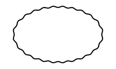 Dalgalı kenarlı oval çerçeve. Kıvrımlı kenarları olan eliptik bir şekil. Metin kutusu, konuşma balonu, çıkartma, etiket ya da etiket şablonu beyaz arkaplanda izole edilmiş. Vektör grafik illüstrasyonu.