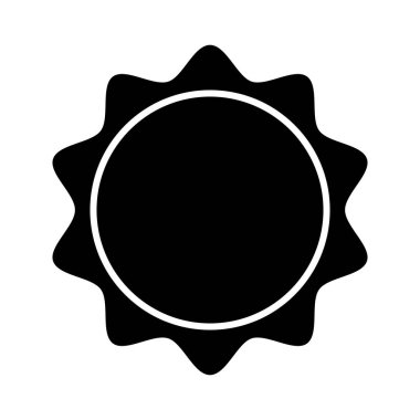 Güneş ikonu. Güneş ışığı, güneş ışığı ya da güneş ışığı sembolü. Dairesel rozet, damga, etiket, fiyat etiketi, dalgalı kenarlı kalite notu. Siyah indirim, satış, terfi etiketi beyaz arka planda izole edilmiş..