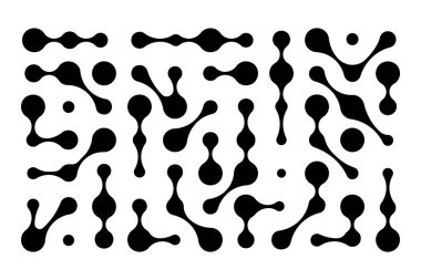 Metal desenli. Bağlı noktalar, sıvı noktalar veya biçimsiz şekiller. Organik kabarcıklar, biyolojik hücreler veya beyaz arka planda izole edilmiş moleküler elementler. Vektör grafik illüstrasyonu.