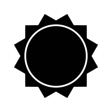 Güneş silueti. Güneş patlaması, güneş ışığı ya da güneş ışığı ikonu. Dairesel rozet, pul, etiket, zig zag kenarlı fiyat etiketi. İndirim, satış, promosyon etiketi beyaz arka planda. Vektör illüstrasyonu.