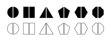 İki eşit parçaya bölünmüş geometrik yuvarlak, kare ve üçgen beşgen, altıgen ve sekizgen şekiller kümesi. Basit şemalar, iş çizelgeleri. Vektör grafik illüstrasyonu.