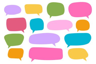 Karalama tarzında sevimli konuşma baloncukları dizisi. Renkli diyalog balonları, mesaj kutuları, alıntı çerçeveleri, konuşma etiketleri, beyaz arka planda izole edilmiş düşünce etiketleri. Vektör düz resimleme.