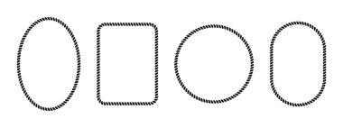 Oval, dikdörtgen ve yuvarlak halat çerçeveler. Beyaz arkaplanda izole edilmiş kordon, iplik ya da kablo dokusu ile şekiller. Görüntü ya da fotoğraf için denizcilik tarzında videolar. Vektör düz resimleme.