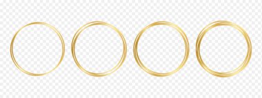 Daire şeklinde altın çerçeveler. Şeffaf arka planda izole edilmiş parlak lüks sınırlar. Boş dekoratif çerçeve, kutlama ve düğün kartları için tasarım öğeleri. Vektör gerçekçi illüstrasyon.