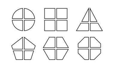 Dört eşit sektöre bölünmüş geometrik yuvarlak, kare ve üçgen beşgen, altıgen ve sekizgen şekiller kümesi. Basit diyagramlar, dört bölümden oluşan iş çizelgeleri. Vektör grafik illüstrasyonu.