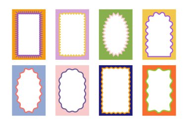 Kemer, dikdörtgen ve oval iç dalgalı kenarlı tebrik kartı şablonları. İçinde kıvrımlı kenarları olan resimler ya da fotoğraflar için renkli vignetteler. Boş kutular, etiketler ya da etiketler. Vektör illüstrasyonu.