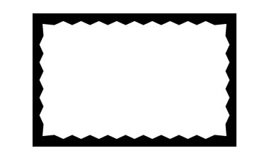 İç kenarları zikzak şeklinde olan dikdörtgen çerçeve. Boş metin kutusu, konuşma balonu, beyaz arkaplanda izole edilmiş dikenli iç sınırları olan dikdörtgen etiketli şekil. Vektör grafik illüstrasyonu.