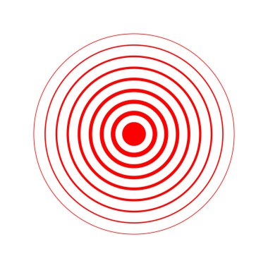 Ağrı yerelleştirme simgesi. Kırmızı eşmerkezli daireler. Ağrı, ağrı ya da iltihap sembolü. Nabız ya da titreşim işareti. Beyaz zemin üzerinde şok dalgası, radar veya ses dalgası piktogramı izole edildi. Vektör illüstrasyonu.