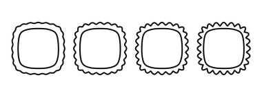 Kıvrımlı çerçeveler ya da fırfırlı kenarlı kare şekiller. Fotoğraflar, fotoğraflar ya da kıvrımlı kenarlı aynalar için görüntüler. Boş ders kutuları, etiketler veya etiketler. Vektör grafik illüstrasyonu.