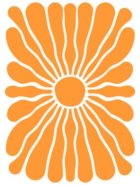 Harika bir arka plan. Dalgalı turuncu güneşli ışınlar. Güneş doğuşu, gün doğumu ya da günbatımı posteri. Yaz temalı dikey duvar kağıdı. Modern psikedelik baskı. Mutlu pozitif titreşimler konsepti. Vektör düz resimleme.