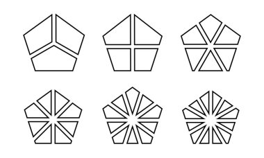 Pentagon şekilleri beyaz arkaplanda 3, 4 ve 6, 8, 10 ve 12 fraksiyona bölünmüştür. Temel geometrik form eşit parçalara bölünmüş. Basit şemalar, iş çizelgeleri. Vektör grafik illüstrasyonu.