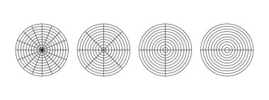 Parçalara ayrılmış yuvarlak diyagramlar. 16, 8, 4 ve 2 eşit parçayı kesen eşmerkezli çemberli turta grafikleri. Yaşam çarkı ya da alışkanlık takip şablonları. Vektör grafik illüstrasyonu.