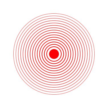 Kırmızı eşmerkezli daireler. Ağrı yerelleştirme simgesi. Hedef al ya da hedef al. Ache, yara ya da iltihap sembolü. Nabız, sigorta ya da titreşim işareti. Radar sinyali ya da ses dalgası piktogramı. Vektör illüstrasyonu.