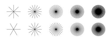 Düz radyal çizgiler. Güneş ışınları piktogramlar. Beyaz arkaplanda izole edilmiş güneş ışığı simgeleri. Işık, patlama ya da havai fişek sembolleri. Vektör grafik illüstrasyonu.
