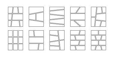 Çizgi roman sayfası şablonları. Anime çizgi roman panelleri beyaz arkaplanda izole edilmiş. Manga taslakları için şebekeler. Fotoğraf kolajları, dergiler ve posterler için düzenler. Vektör grafik illüstrasyonu.