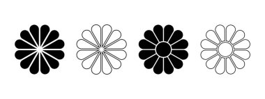 Daisy ya da Gerbera siluetleri. 12 yaprak ve çekirdekli çiçek diyagramları. Çiçekli pasta grafiği, beyaz arka planda izole edilmiş yaprak şekillerinde eşit parçalara bölünmüştür. Vektör grafik illüstrasyonu.