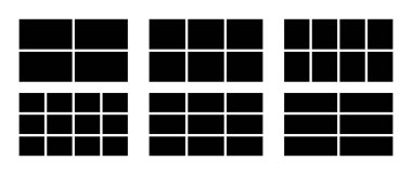 Dikdörtgen şekiller beyaz zemin üzerinde izole edilmiş eşit parçalara bölünmüş. Kolaj, çizim tahtası, sunum ya da broşür. Resim galerisi ya da fotoğraf albümü modelleri. Vektör illüstrasyonu.
