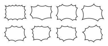 Boş çizgi roman konuşma baloncukları. Anime diyalogları. Vurgu, patlama veya patlama çizgi film efektleri. Mesaj kutuları, mesaj balonları, manga kitap sayfaları için alıntı etiketleri. Vektör özet çizimi.