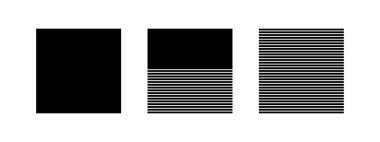 Siyah bir bütün, çizgili ve yarım çizgili kare geometrik şekiller beyaz arka planda izole edilmiş. Panjurlar ya da kepenkler siluet. Minimalist tasarım elementleri. Vektör grafik illüstrasyonu.