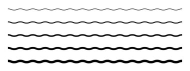 Yatay dalgalı çizgiler ve farklı kalınlıklar. Dalgalanmamış sınırlar. Su, sıvı, hava veya rüzgar sembolleri. Beyaz arka planda nehir, deniz, göl ya da okyanus işaretleri var. Vektör grafik illüstrasyonu.