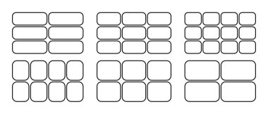 Dikdörtgen şekiller beyaz zemin üzerinde izole edilmiş eşit parçalara bölünmüş. Kolaj, ruh hali tahtası, poster ya da broşür panoları. Resim galerisi ya da fotoğraf albümü modelleri. Vektör grafik illüstrasyonu.