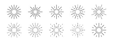 Havai fişek ikonları. Güneş veya yıldız sembolleri. Yıldız patlaması, güneş patlaması veya güneş ışığı işaretleri. Işık ya da enerji, parıltı, pırıltı, pırıltı ya da beyaz arka planda izole edilmiş parlayan piktogramlar. Vektör grafik illüstrasyonu.