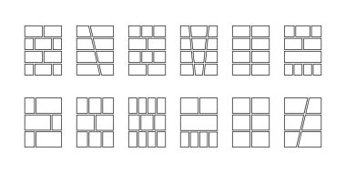 Boş çizgi roman şablonları seti. Anime sayfası panelleri beyaz arkaplanda izole edildi. Manga taslakları, fotoğraf kolajları, dergiler, posterler ya da eskizler için planlar. Vektör grafik illüstrasyonu.