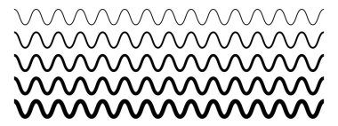 Yatay dalgalı çizgiler, farklı kalınlıklarda. Sinüs veya kosinüs çizgileri. Dalgalanmamış sınırlar. Su, sıvı, hava veya rüzgar sembolleri. Nehir, deniz, göl veya okyanus işaretleri. Vektör grafik illüstrasyonu.
