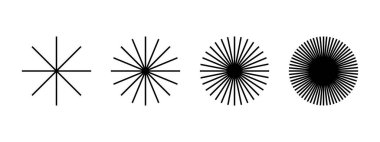 Dairesel şekildeki düz radyal çizgiler. Güneş ışınları ikonları. Güneş ışığı işareti. Beyaz arka planda ışık, pervane, patlama veya havai fişek sembolleri var. Vektör grafik illüstrasyonu.