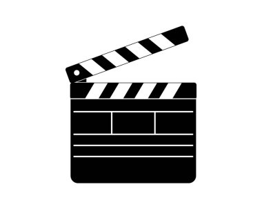 Beyaz arkaplanda izole edilmiş bir klemp aç. Film panosu silueti. Film yönetmeni. Kamera ve aksiyon konsepti. Sinematografik ya da televizyon prodüksiyon objesi. Vektör grafik illüstrasyonu